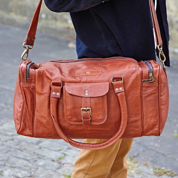 Reworked Personalised Recycled Leather Weekend Bag - Large Brown Leather Gym Holdall - Duffle Bag - Overnight Travel Bag for Him