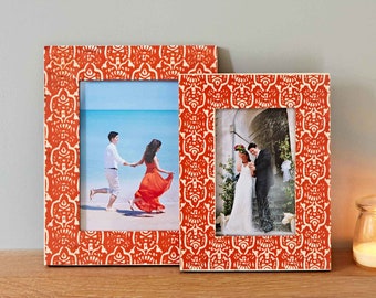 Cadre photo orange floral en bois de manguier - cadre photo 4 x 6 - cadre photo 5 x 7 - cadre coloré - cadre durable - cadeau 1er anniversaire