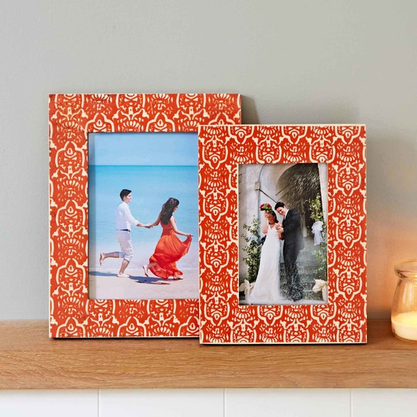 Orange Floral Mango Wood Photo Frame - 4x6 Picture Frame - 5x7 Photo Frame - Colourful Frame - Sustainable Frame - 1st Birthday Gift