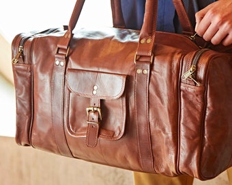 Personalised Large or Extra Large Brown Leather Holdall With Zipped Pockets - Gym Bag - Travel Bag - Overnight Bag