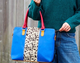 Kiara Recycled Leather Laptop Bag - Animal Print - Colour Block - Shoulder or Crossbody Bag - Fair Trade, Handmade & Eco-Friendly