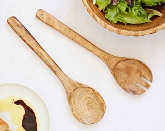 Mango Wood Salad Servers - Serving Utensil - Salad Spoons - Hand Carved Wooden Utensils - Natural Sustainable Wood - New Home Gift