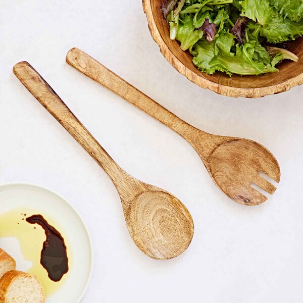 Mango Wood Salad Servers - Serving Utensil - Salad Spoons - Hand Carved Wooden Utensils - Natural Sustainable Wood - New Home Gift