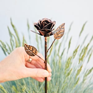 Recycled Iron Rose Garden Stake: Distressed Copper Metal Sculpture