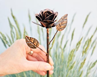Recycled Iron Rose Garden Stake: Distressed Copper Metal Sculpture