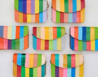 Nargis Rainbow Stripe Multicoloured Recycled Leather Bag - Colourful Crossbody - Fair Trade, Handmade & Eco-Friendly