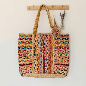 Cotton Jute Shopping Bag - Handmade Recycled Fabric Shopper Bag - Colourful Tote Bag - Shoulder Bag - Gift for Mom - Multicoloured Tote Bag