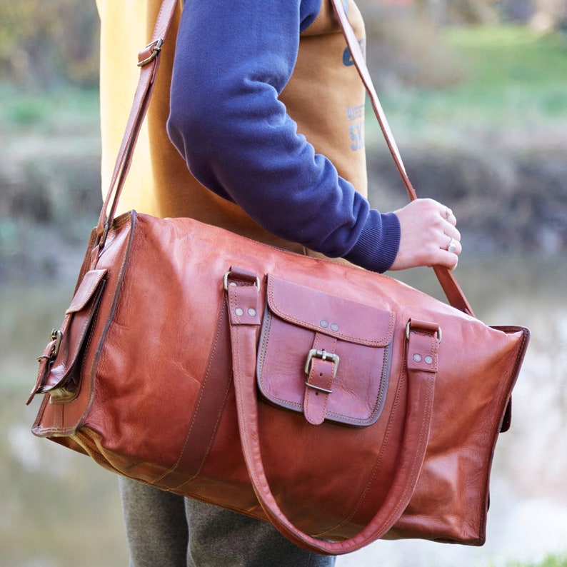 Personalised Large or Extra Large Brown Leather Holdall Overnight Bag Travel Bag Gym Bag image 1