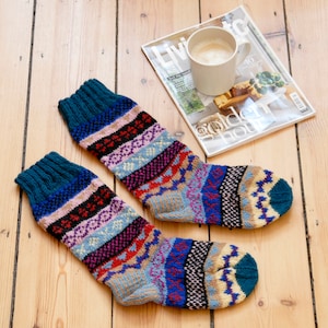 Fair Trade Hand Knitted Fairisle Stripy Woollen Socks Multiple Colours Knitted Nordic Woolly Slipper Socks 2 Sizes 100% Wool Blue, Red & Yellow