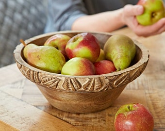 Handmade Fair Trade Carved Wooden Bowl - Serving Bowls - Salad Bowl - Hand Carved Wooden Bowl - Natural Wood Fruit Bowl - New Home Gift