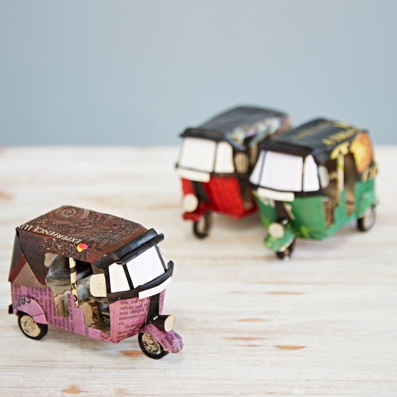Recycled Newspaper Tuk Tuk Decorative Ornaments Indian Bicycle Gift For Travellers Colorful Gift Eco Friendly Gift Home Décor Dark Pink