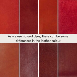 May include: Close-up of six leather swatches in various shades of red and brown. The swatches show the natural color variations that can occur when using natural dyes.