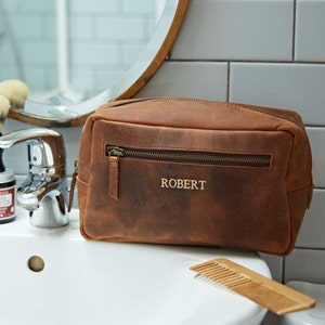 Personalised Embroidered Mens Leather Wash Bag With Strap Black or Brown  Mens Vegan Leather Toilet Bag Embroidered With Initials 