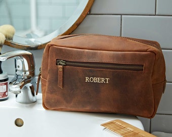 Personalised Buffalo Leather Wash Bag - Toiletry Bag - Personalised Wash Bag - Travel Bag - Men's Wash Bag - Dopp Kit Bag