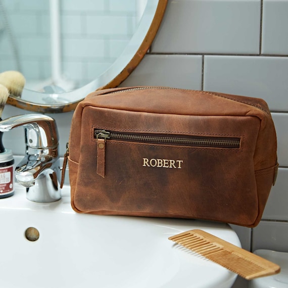 Personalised Buffalo Leather Wash Bag Toiletry Bag Personalised