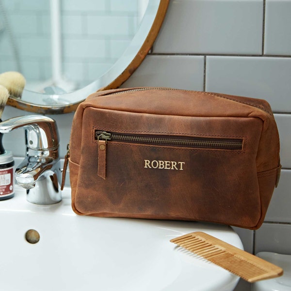 Personalised Buffalo Leather Wash Bag - Toiletry Bag - Personalised Wash Bag - Travel Bag - Men's Wash Bag - Dopp Kit Bag