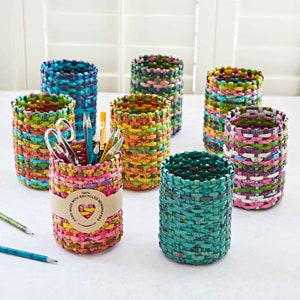 Recycled Newspaper Round Pencil Holder - Pencil Holders for Desk, Office, Back to School, Home - Patterned and Colourful - Gift for Teacher