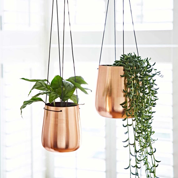 Copper Plated Hanging Planter: Iron Indoor Plant Pot with Adjustable Strap