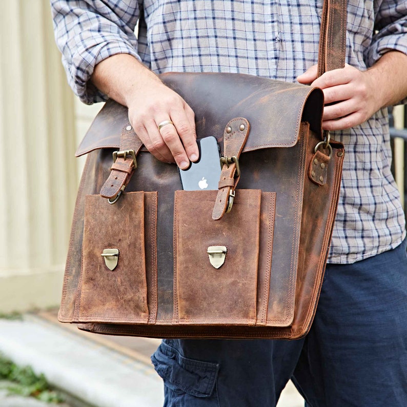 Personalised Handmade Buffalo Leather Briefcase Shoulder Bag Leather Messenger Bag Personalized Monogram Crossbody Bag Bags For Men image 2