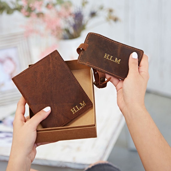 Personalized Leather Passport Cover & Luggage Tag Set