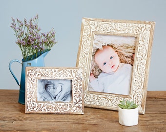Carved Floral Wooden Photo Frame - 4x6 Picture Frame - 8x10 Picture Frame - Rustic Antique Frame - Handcrafted Photo Frames - New Baby Gift
