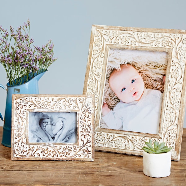 Carved Floral Wooden Photo Frame - 4x6 Picture Frame - 8x10 Picture Frame - Rustic Antique Frame - Handcrafted Photo Frames - New Baby Gift