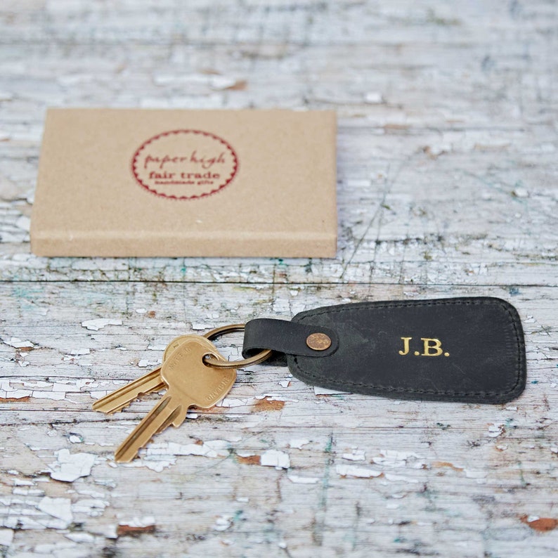 Personalised Black Buffalo Leather Tag Keyring Embossed Personalized Keychain Gift Recycled Leather Key Fob Initials Black Keyring image 3