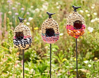 Mini Oval Recycled Cotton Birdhouse Stake - Outdoor Garden Decoration - Recycled Materials - Small Bird Nester
