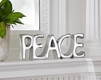 Recycled Metal PEACE Sign: Handmade Silver Mantel Decor