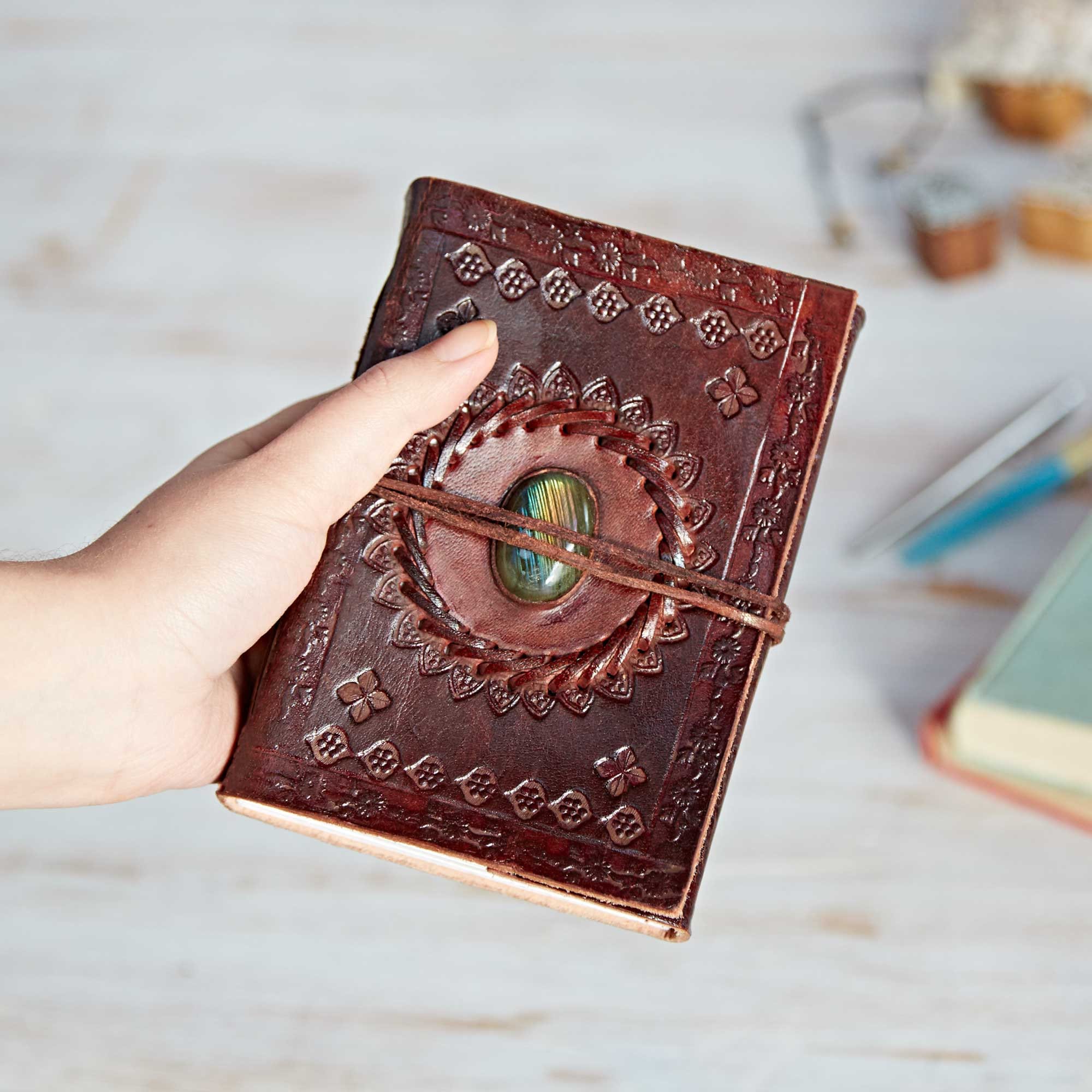 Handcrafted Stoned Leather Journal - Semi Precious Stone Medium Noteb…
