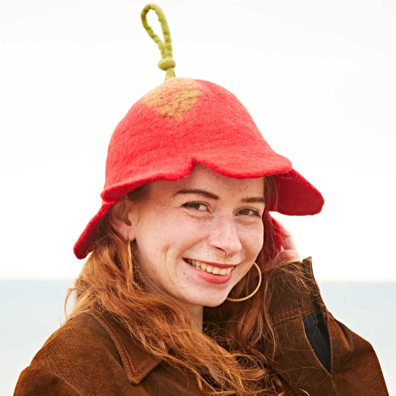 Colourful Felt Festival Flower Fairy Hat Fair Trade, Handmade, Sustainable Hippy Party Hat Unusual Gifts Red