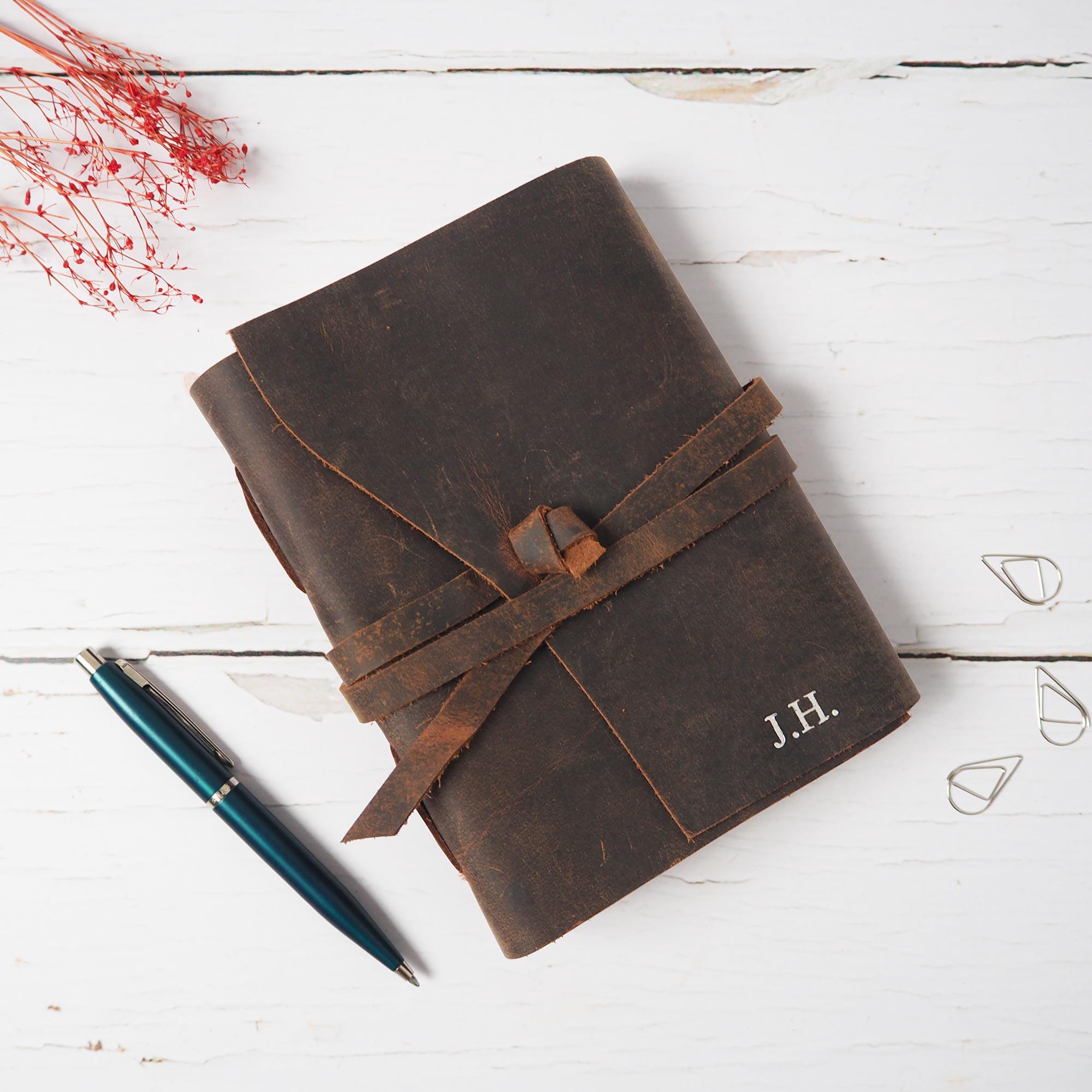 Personalised Buffalo Leather Journal: Handmade Wraparound Notebook - UK