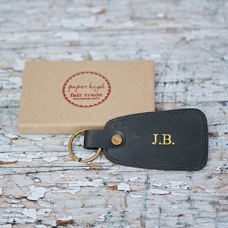 Personalised Black Buffalo Leather Tag Keyring Embossed Personalized Keychain Gift Recycled Leather Key Fob Initials Black Keyring image 4