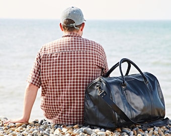 Reworked Personalised Black Leather Weekend Holdall: Travel Gym Bag