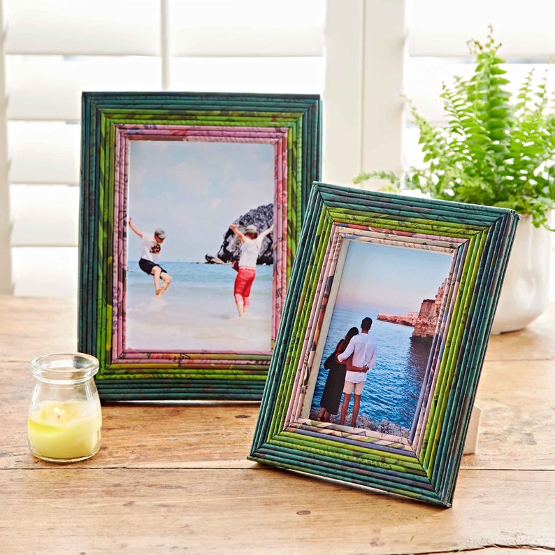 Recycled Newspaper Photo Frame 6x4, 7x5 & 10x8 Picture Frame Paper Colourful And Unique Photo Frame Sustainable Picture Frames DrkGreen/Green/Lilac