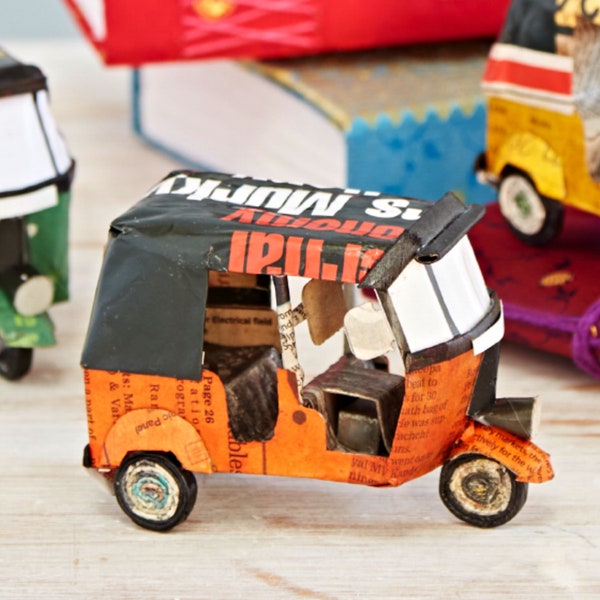 Recycled Newspaper Tuk Tuk Ornament: Eco-Friendly Indian Decor