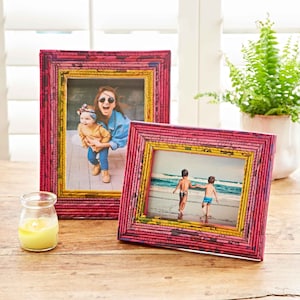 Recycled Newspaper Photo Frame 6x4, 7x5 & 10x8 Picture Frame Paper Colourful And Unique Photo Frame Sustainable Picture Frames Pink/Yellow