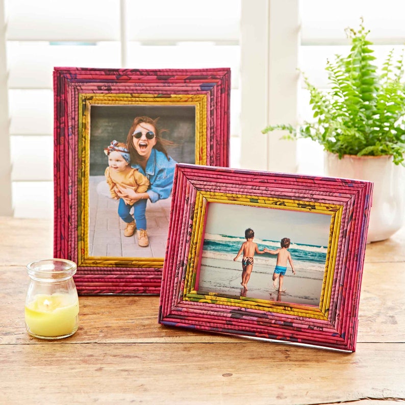 Recycled Newspaper Photo Frame 6x4, 7x5 & 10x8 Picture Frame Paper Colourful And Unique Photo Frame Sustainable Picture Frames Pink/Yellow