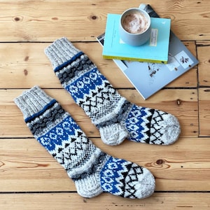 Fair Trade Hand Knitted Fairisle Stripy Woollen Socks Multiple Colours Knitted Nordic Woolly Slipper Socks 2 Sizes 100% Wool Natural Black & Blue