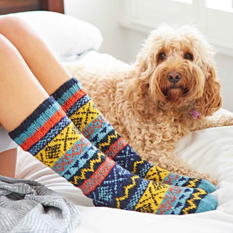 Fair Trade Hand Knitted Fairisle Stripy Woollen Socks Multiple Colours Knitted Nordic Woolly Slipper Socks 2 Sizes 100% Wool Blue Yellow & Orange