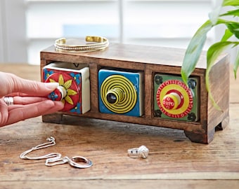 Multicoloured Mango Wood 3 Drawer Jewellery Box - Trinket Storage - Keepsake Chest - Multi Compartment Storage - Bohemian Hand Painted