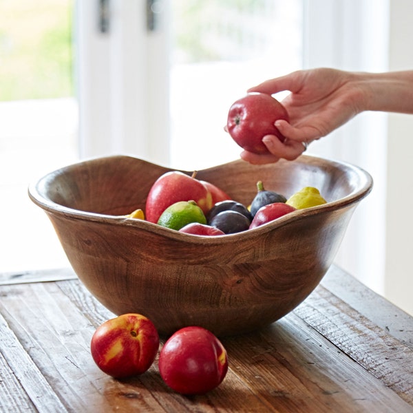 Bol à fruits en bois de manguier naturel - Bol en bois poli sculpté à la main - Commerce équitable, fait à la main et durable - Ustensiles de cuisine - Décoration d'intérieur