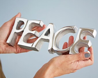Recycled Metal PEACE Sign - Free Standing Metal Letters - Shelf Sign - Mantelpiece Decor - Table Top Decoration - Home Decor