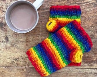 Woollen Rainbow Handwarmer Gloves - Autumn/Winter Warmers - Stocking Fillers - Matching Socks and Handwarmers - Fair Trade - Fingerless