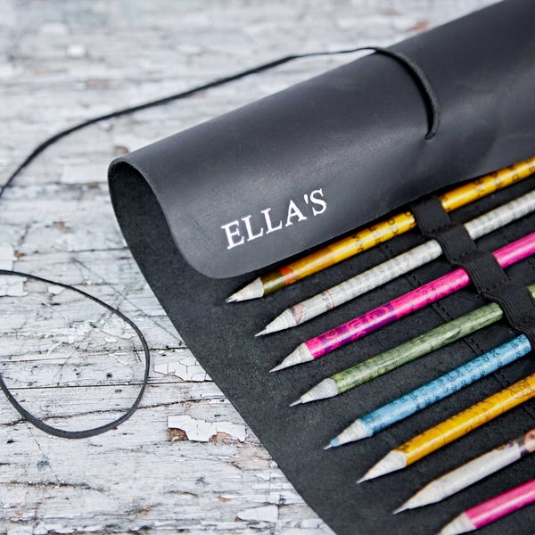 Personalised Black Buffalo Leather Roll Up Pencil Case - Pencil Pen Paintbrush Roll