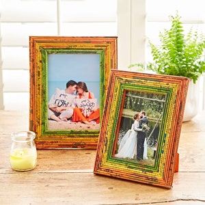 Recycled Newspaper Photo Frame 6x4, 7x5 & 10x8 Picture Frame Paper Colourful And Unique Photo Frame Sustainable Picture Frames Orange/Yellow/Green