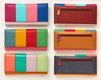 Meena gerecycled leer veelkleurige gestreepte clutch portemonnee - kleurenblok - Fair Trade, handgemaakt en milieuvriendelijk - heldere en kleurrijke portemonnee