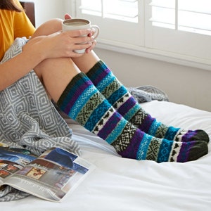 Fair Trade Hand Knitted Fairisle Stripy Woollen Socks Multiple Colours Knitted Nordic Woolly Slipper Socks 2 Sizes 100% Wool zdjęcie 5