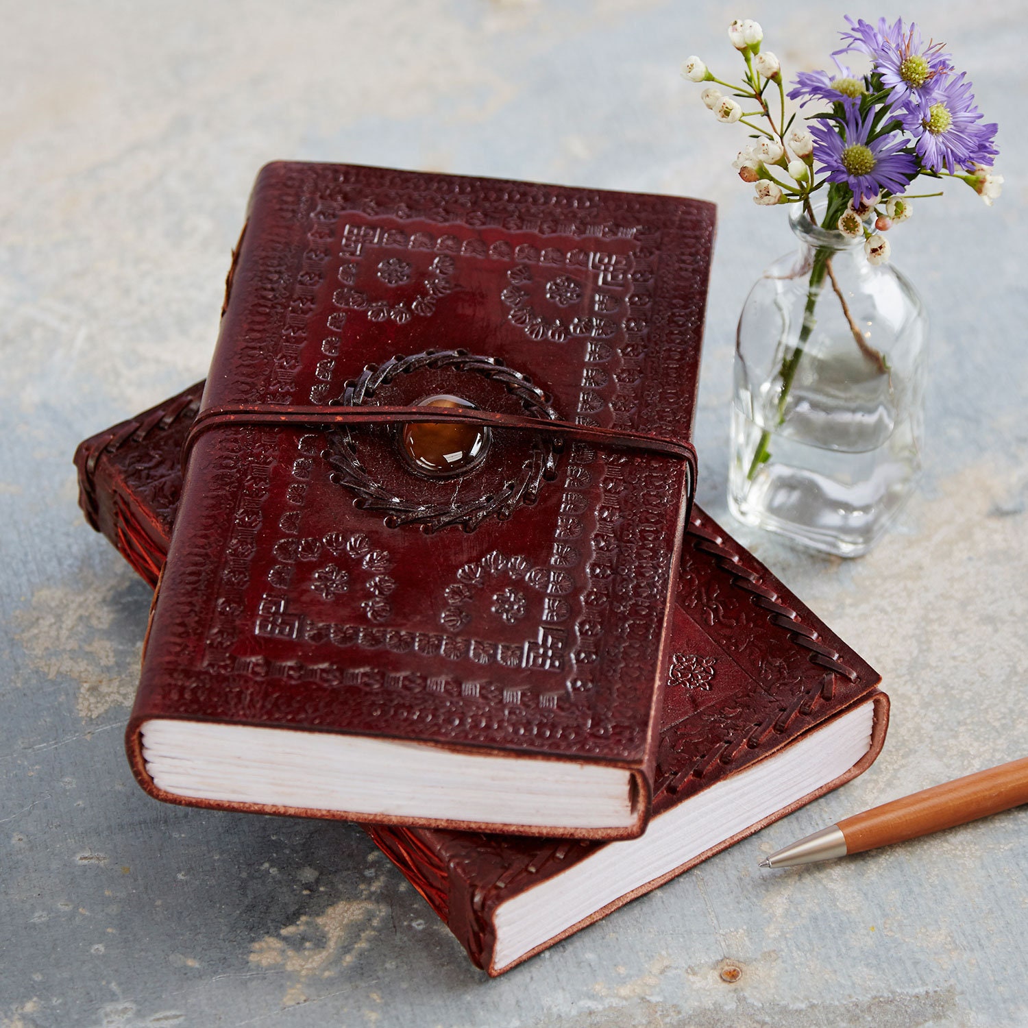 Handcrafted XL Stoned Leather Journal - Semi Precious Stone Notebook …