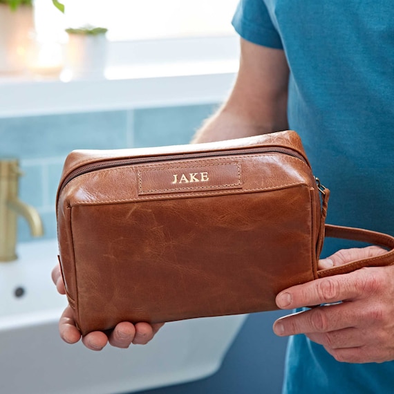 Reworked Personalised Brown Leather Groomsmen Wash Bag Mens